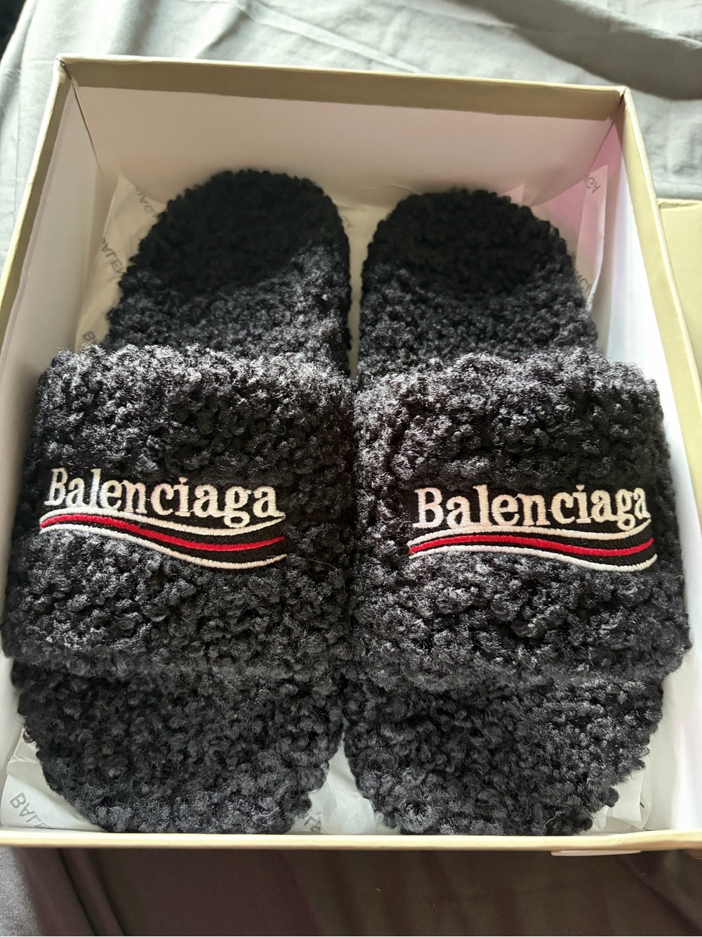 Balenciaga Black Sherpa Logo Slide Sandals with Red & White Accent